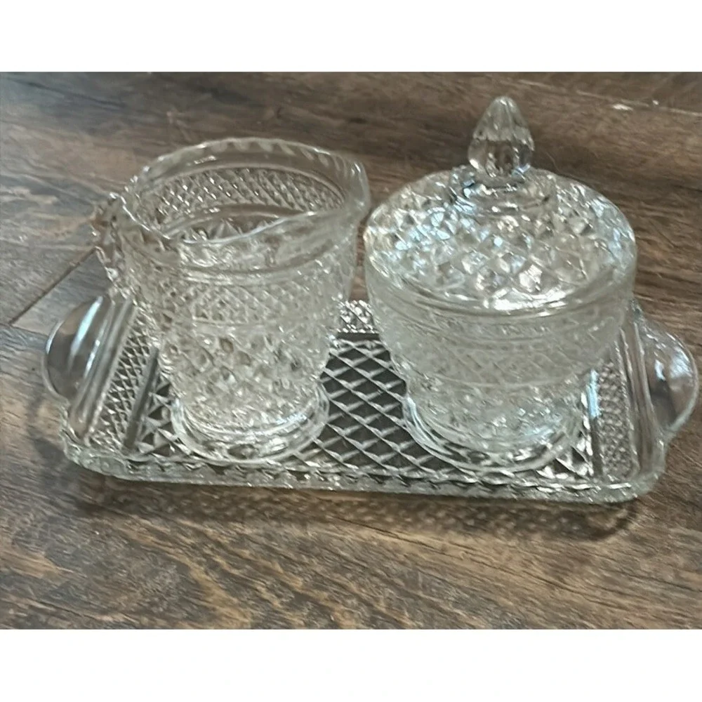 Vintage Anchor Hocking Wexford Clear Glass Creamer And Sugar Set, with Tray